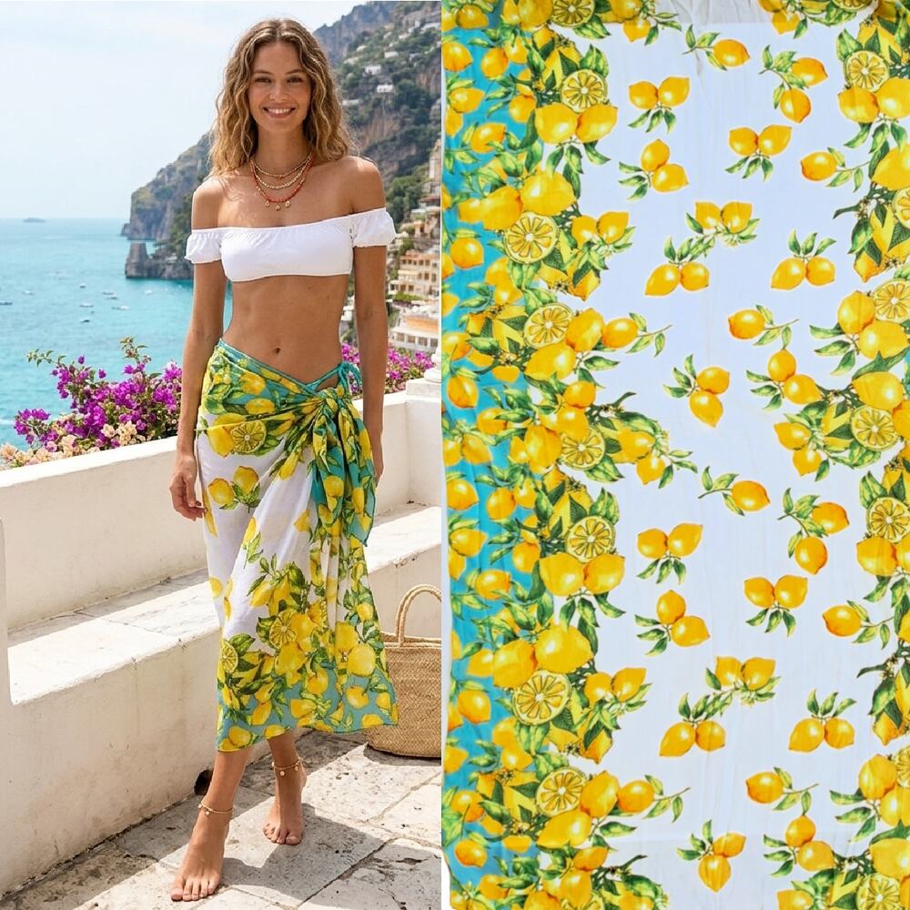 Antica Sartoria Italian Amalfi Lemon Print Scarf Pareo Sarong Yellow Blue Beach